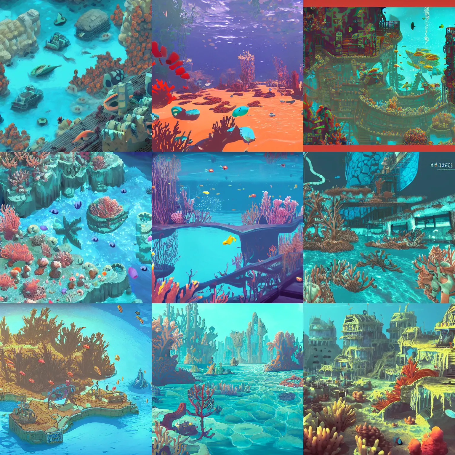 Prompt: an apocalyptic underwater oasis encasing a crowded underwater seaside town covered in coral and fish in the style of a lovely indie game