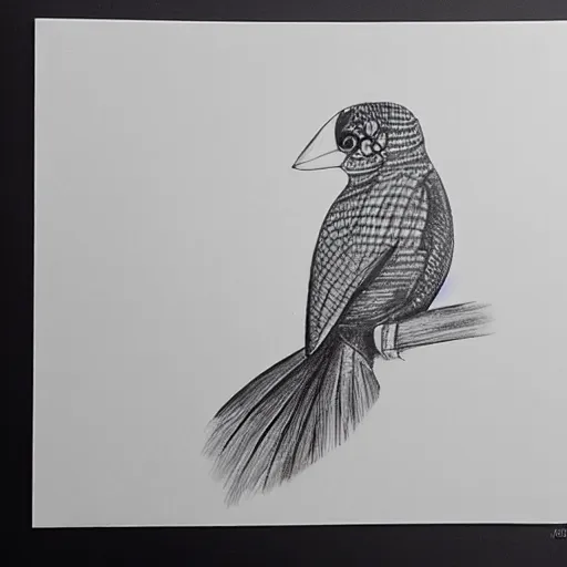Image similar to exotic bird, sketch, illustration, cross hatched, black ink on white paper
