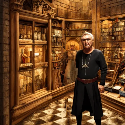 Image similar to full body portrait of Dennis hopper as a devious medieval lord standing on the right inside a big medieval Shop with tall windowpane, shelves full of medieval goods, morning light, dramatic lighting, high contrast, trending on artstation, style of midjourney, unreal engine, octane render, intricate details, 8k high definition, beauriful, ornate, hyperrealistic