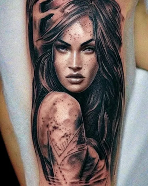 Image similar to creative double exposure effect tattoo design sketch of megan fox faded with beautiful mountain scenery, realism tattoo, in the style of matteo pasqualin, amazing detail, sharp