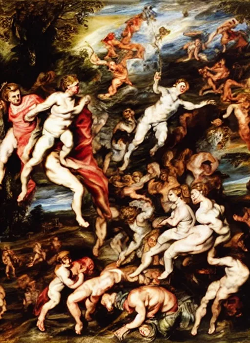 Prompt: people falling adventure playground, oil on canvas by peter paul rubens. style fall of the damned by peter paul rubens