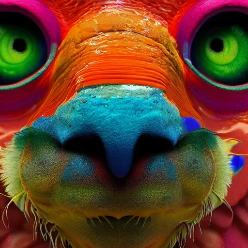 Prompt: a close up of a colorful animal's face, a 3 d render by alberto seveso, featured on zbrush central, cloisonnism, rendered in cinema 4 d, detailed painting, zbrush