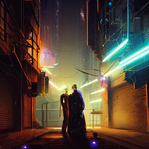 Image similar to two people arguing, detailed digital illustration by greg rutkowski, cyberpunk back alley, nighttime, colorful lighting, android netrunner