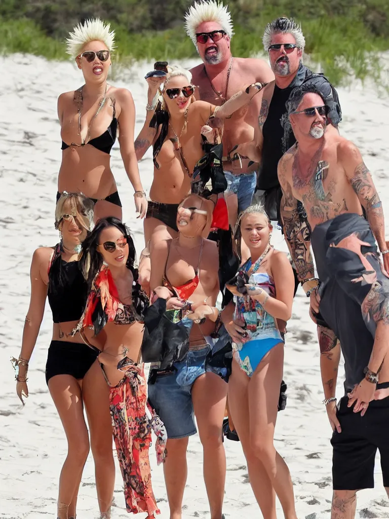 Prompt: olivia munn and miley cyrus and guy fieri on a vacation at the beach
