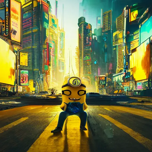 Image similar to an epic painting of giant yellow minion, destroying cyberpunk megapolis, oil on canvas, perfect composition, golden ratio, beautiful detailed, photorealistic, digital painting, concept art, smooth, sharp focus, illustration, neon lights, cyberpunk 2 0 7 7, artstation trending, octane render, unreal engine