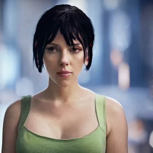 Prompt: a beautiful medium - shot still of scarlett johansson as the major motoko kusanagi from ghost in the shell, cyberpunk style, looking off into the distance, motoko kusanagi hair style, black hairs, ultra realistic, soft, blue hour, soft neons light from night city falling on her face. focus on her eyes and brows. by annie leibowitz