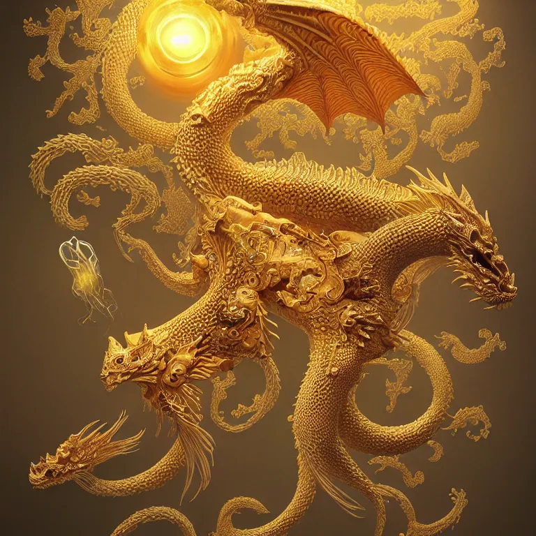 Prompt: 3 d dragon, portrait, astral projection, with golden skull. beautiful intricately detailed japanese fractal kitsune and clasical japanese kimono. betta fish, jellyfish fractal, bio luminescent, plasma, ice, water, wind, creature, mandelbulb, fractal, artwork by tooth wu and wlop and beeple and greg rutkowski
