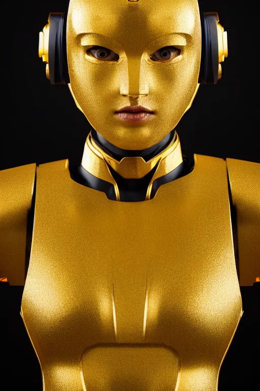 Prompt: maria of metropolis, humanoid robot, golden full body armor, beautiful helmet in the shape of a face, scifi, futuristic, raytracing, neon, cyborg eyes glowing yellow, sharp focus, cinematic lighting, artstation, divine, by fritz lang, gauthier leblanc