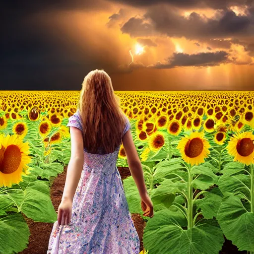 Image similar to a girl slowly walking through amazing tall sunflower field, hair flowing, early morning lightning, bad weather approaching, a storybook illustration by louise abbema, cgsociety, magical realism, reimagined by industrial light and magic, volumetric lighting, cinematic lighting