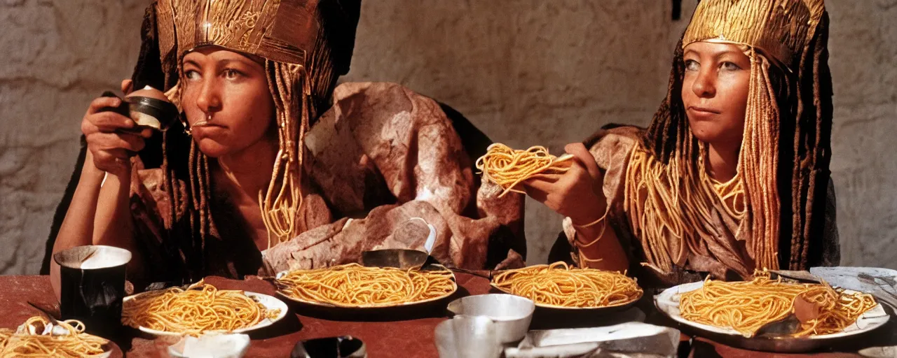 Prompt: queen hatshepsut in the ancient kingdom of punt, enjoying a feast of spaghetti, canon 5 0 mm, kodachrome