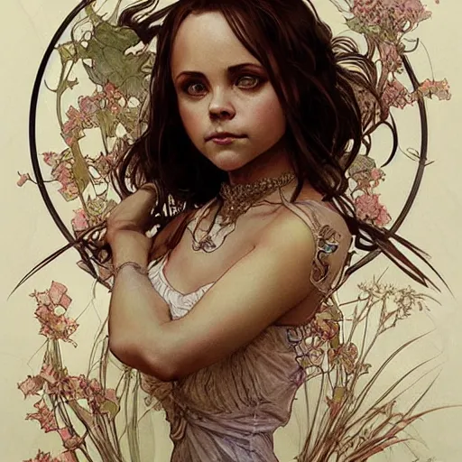 Image similar to amazing lifelike award winning pencil illustration of christina ricci trending artgerm greg rutkowski alphonse mucha cinematic