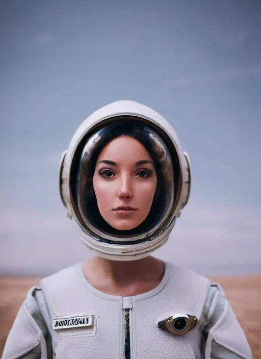 Prompt: photograph portrait of a very pretty!!! woman! symmetric face, petzval lens. out of focus, in an very detailed astronaut costume. futuristic helmet, space station. by alesio albi and george lucas and stanley kubrick