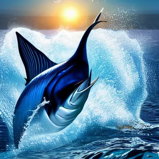 Image similar to of an amazing realistic illustration of a marlin fish jumping out of water, go pro footage, water line surface, sunrise lighting, dynamic composition
