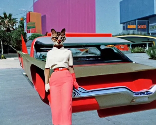 Prompt: googie cat, 6 0 s aesthetic, sixties style