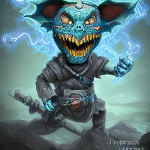 Prompt: a highly detailed flying goblin with grey skin and blue eyes that glow, grey background, surrounded by wind, like magic the gathering, goblin chainwalker, digital art, by christopher rush