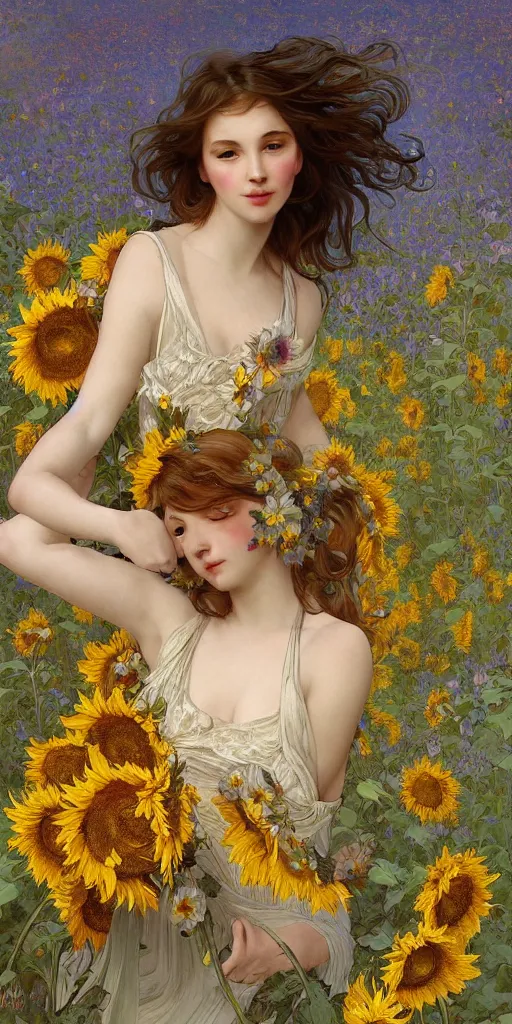 Prompt: a girl in an artistic resting pose covered in lace intricate translucent loosen cloths surrounded by beautiful sunflowers and meadows, highly detailed digital by artgerm, wlop, by alphonse mucha painting
