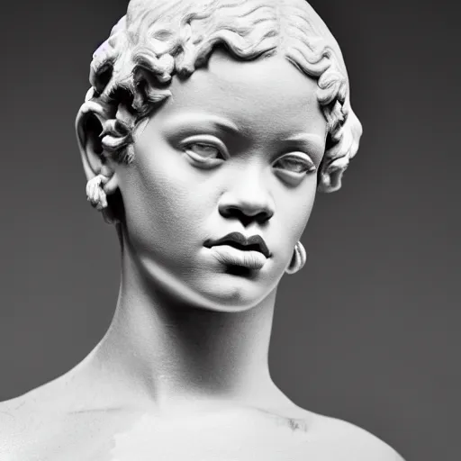 Prompt: rihanna portrait, ancient greek sculpture, white marble, ultra realistic, studio photo, 5 0 mm, bokeh.