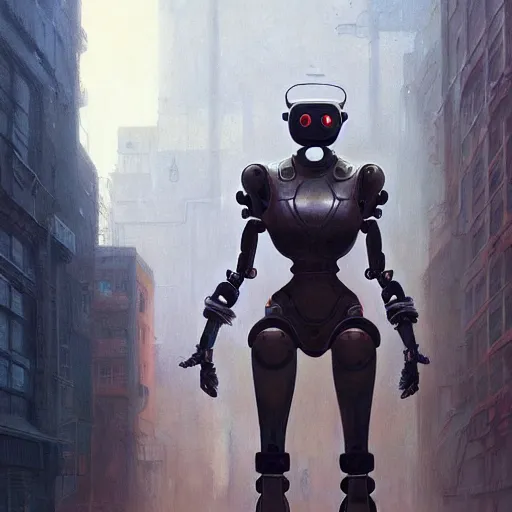 Image similar to detailed character concept art portrait of a masked robot in a city, trending on artstation, award - winning video game concept art by jim burns and greg rutkowski, beksinski, a sci - fi concept art masterpiece, james gilleard, bruegel, alphonse mucha, and yoshitaka amano.