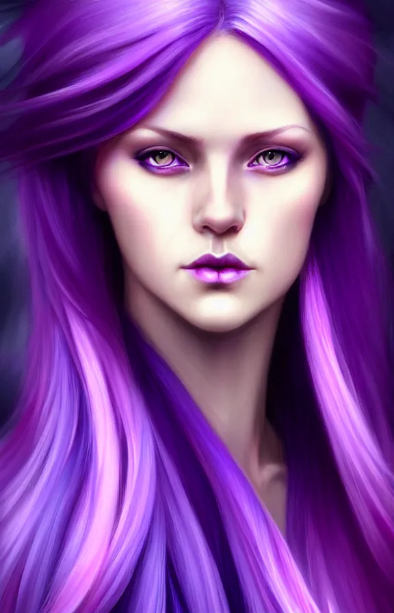 Image similar to Purple hair relistic Portrait of a woman with bright colored flying hair, all shades of purple. Hair coloring, long hair, blue eyes, fantasy, intricate, elegant, highly detailed, digital painting, artstation, concept art, smooth, sharp focus, illustration, art by artgerm and greg rutkowski and alphonse mucha