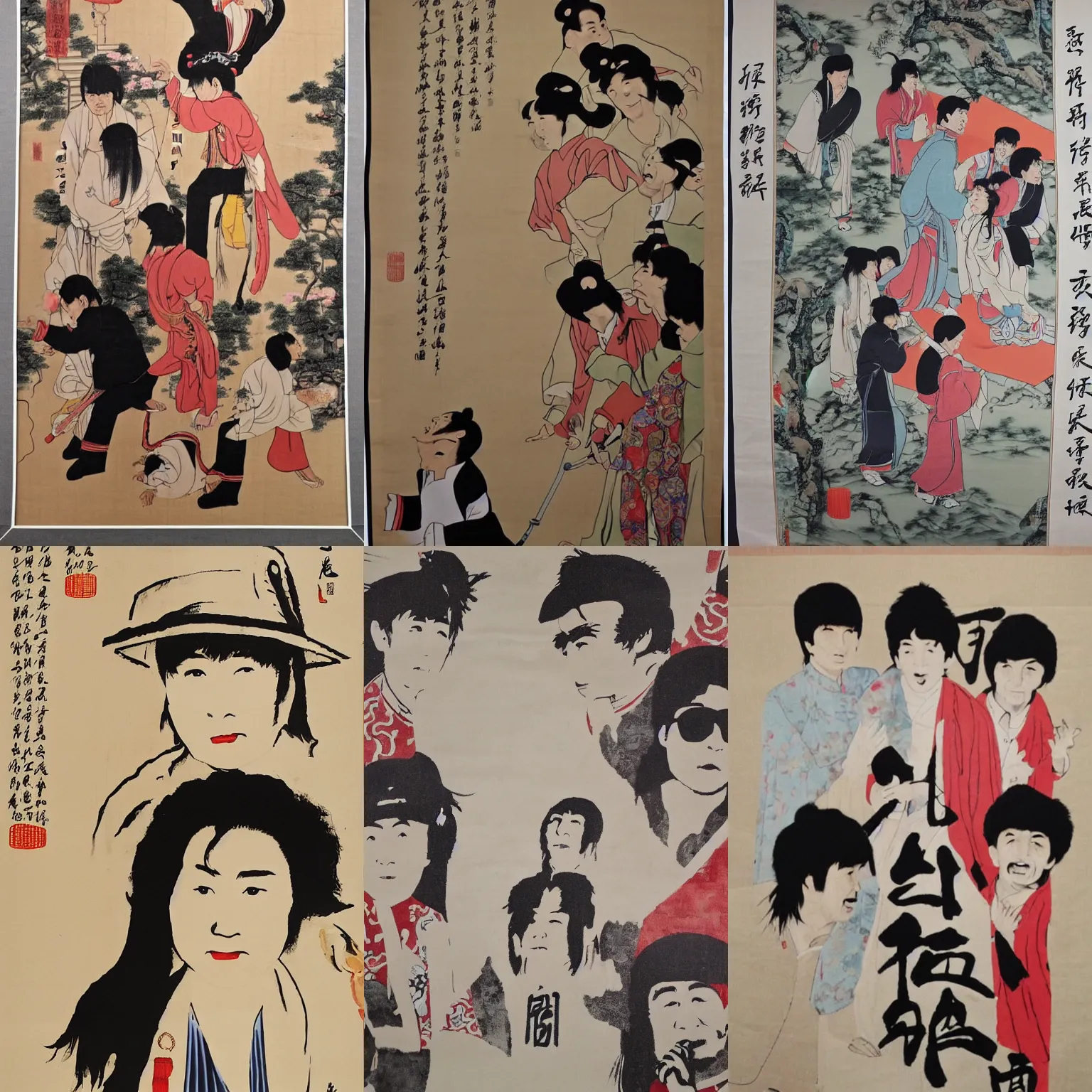 Prompt: a traditional Chinese hanging wall scroll depicting Yoko Ono breaking up the Beatles,