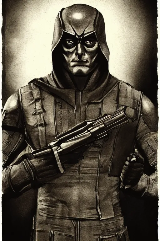 Prompt: destro from g. i. joe, portrait, full body, symmetrical features, silver iodide, 1 8 8 0 photograph, sepia tone, aged paper, sergio leone, master prime lenses, cinematic