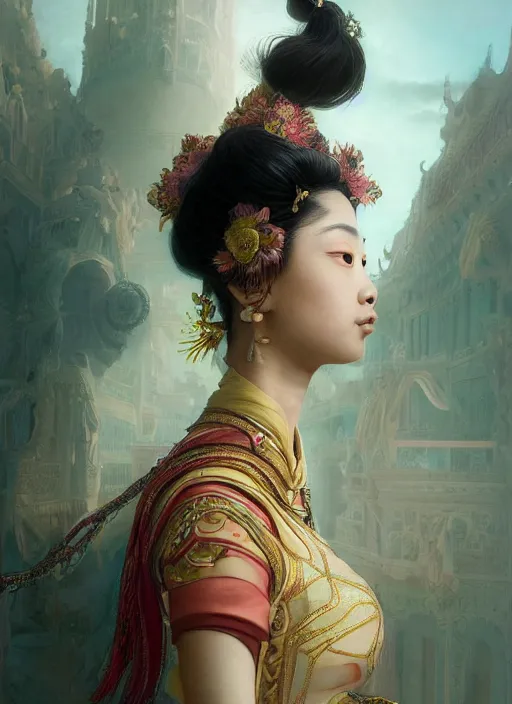 Image similar to beautiful portrait of a Asia minority female wearing fantastic costume,pigtail,intricate, elegant, highly detailed, dim volumetric lighting, 8k,octane,post-processing,digital painting, trending on artstation, concept art, smooth, sharp focus, illustration,by Tom Bagshaw and Daniel Gerhartz and Albert Aublet and Lawrence Alma-Tadema and alphonse mucha