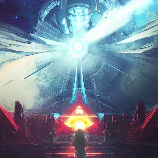 Prompt: anime style, futuristic, dystopian, population gathering below gigantic rectangular deep-onyx colored monolith megastructure with golden all-seeing eye of providence centered looking down from sky, bright spotlight coming from eye, miyazaki, Craig Mullins, nausicaa, Shinkai Makoto, Nihei Tsutomu, hyper maximalist, dystopian, hyper detail, 8k, octane render, epic composition, beautiful, landscape, dramatic lighting golden ratio, cinematic