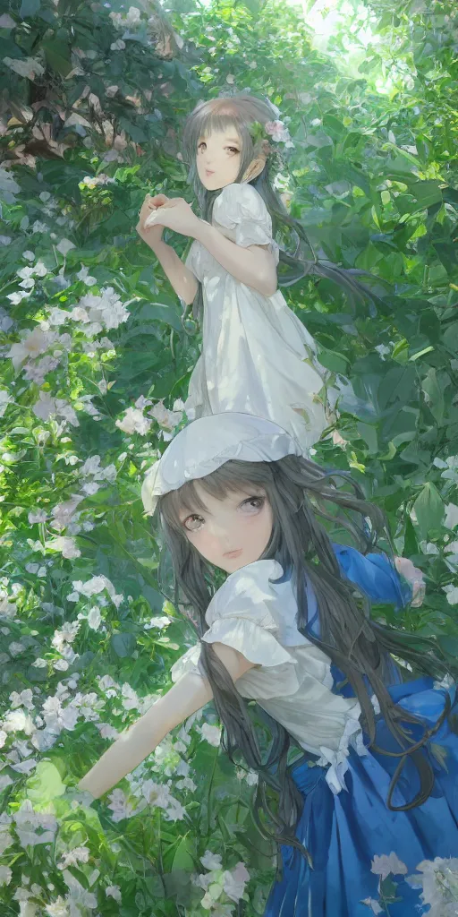 Image similar to a loli with long hair in a dress in the privet garden at after noon, green and warm theme, blue accents, low angle, back lighting, highly detailed, 4 k resolution, trending on art station, by krenz cushart and mucha and akihito yoshida and greg rutkowski