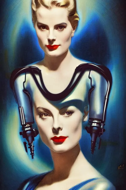Image similar to beautiful evil cybernetic grace kelly by steichen in the style of a modern tom bagshaw, alphonse muca, victor horta, gaston bussiere. anatomically correct. extremely lush detail. masterpiece. melancholic scene infected by night. perfect composition and lighting. sharp focus. high contrast lush surrealistic photorealism. sultry expression.