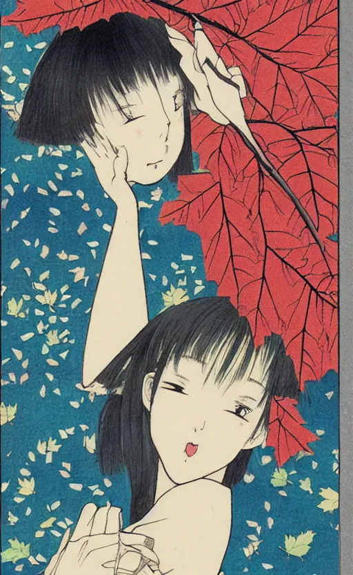 Image similar to by akio watanabe, manga art, a girl looking at the falling maple leafs, trading card front, kimono, realistic anatomy