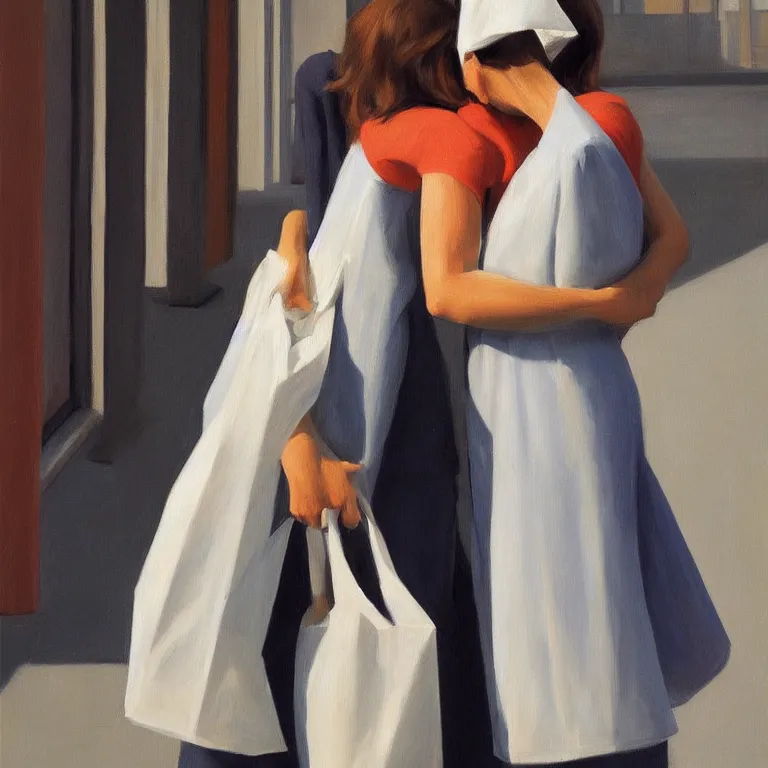 Image similar to two women hugging with a paper bag over the head dressed in plastic bags, highly detailed, artstation, art by, , edward hopper, zdislav beks