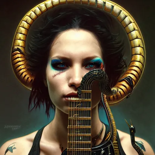 Image similar to portrait painting of a punk snake bard with a guitar, ultra realistic, concept art, intricate details, eerie, highly detailed, photorealistic, octane render, 8 k, unreal engine. art by artgerm and greg rutkowski and charlie bowater and magali villeneuve and alphonse mucha