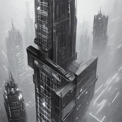 Image similar to a moody black and white neo noir film still of futuristic architecture intricate complexity, by greg rutkowski, artgerm, ross tran, conrad roset, takato yomamoto, ilya kuvshinov. 4 k, beautiful, cinematic dramatic atmosphere