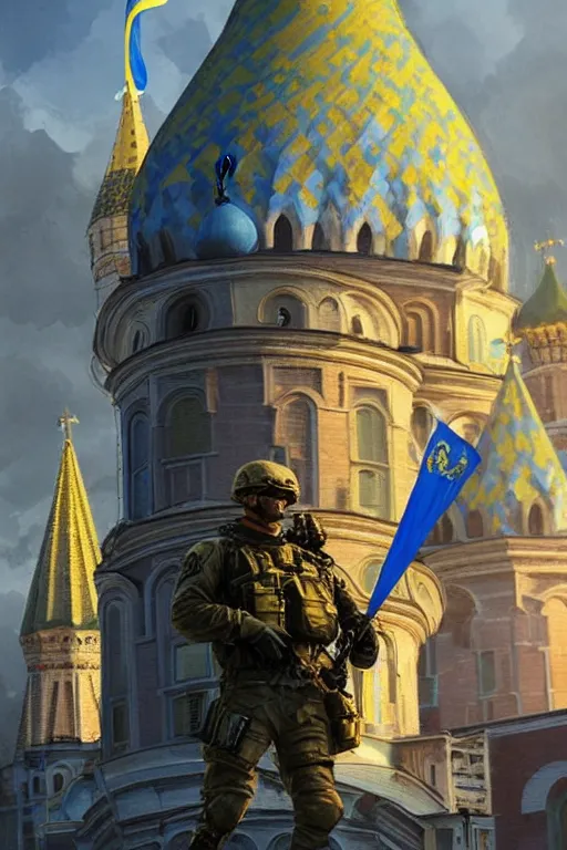 Image similar to special forces soldier raising ukrainian blue and yellow flag, kremlin st. basil cathedral in the background, masculine figure, d & d, fantasy, bright atmosphere, volumetric lights, intricate, elegant, extremely detailed, digital painting, artstation, concept art, matte, smooth, sharp focus, hyper realistic, illustration, art by artgerm and greg rutkowski and alphonse mucha