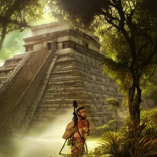 Image similar to mayan temple in the jungle, jaguar priest, by tom bagshaw, by gaston bussiere, sunlit, mist, octane render