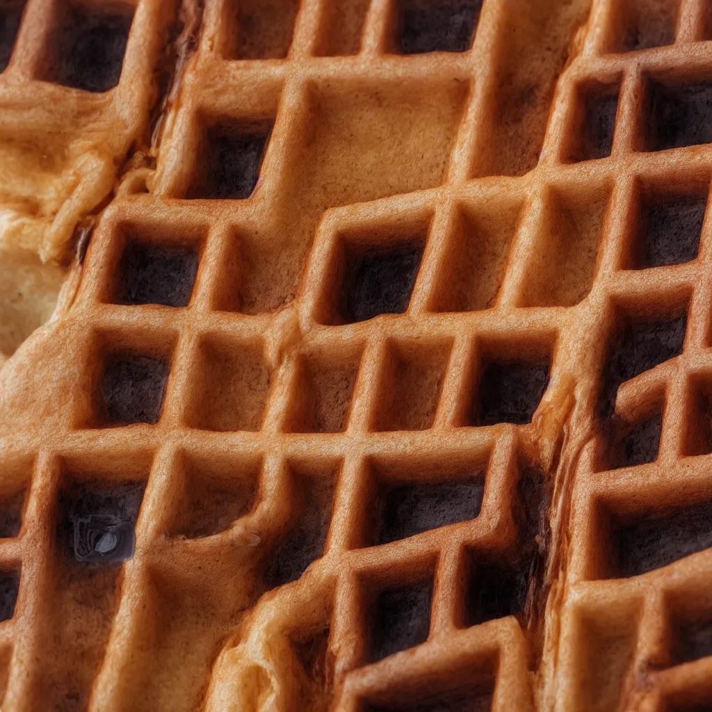 Prompt: close - up view of waffles on top of a wooden table, 8 k, high detail, photorealistic, proper shading