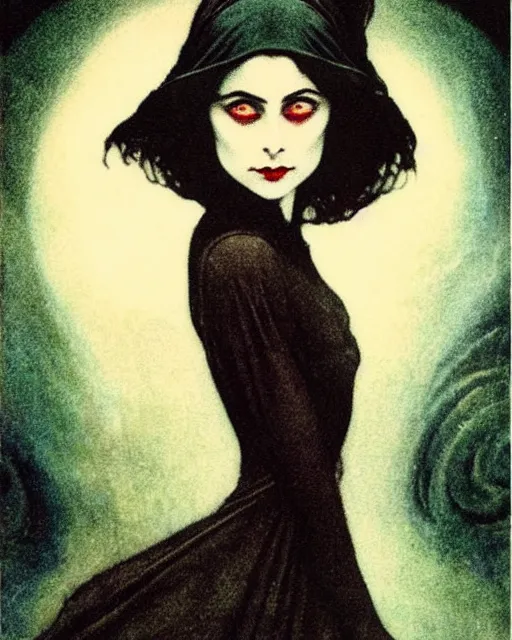 Prompt: style of edmund dulac : : gorgeous willa holland : : evil witch, swirling black magic, black dress : : symmetrical face, symmetrical eyes : : full body pose : : gorgeous black hair : : magic lighting, low spacial lighting : :