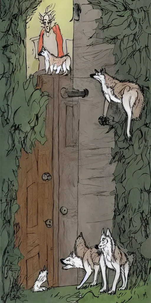 Prompt: wolves at the door by Quentin Blake