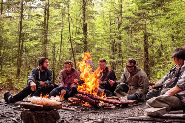 Image similar to sigma 8 5 mm, photo, neanderthal people eating sushi, surrounded by dinosaurs!, gigantic forest trees, sitting on rocks, bonfire, close up camera on bonfire level