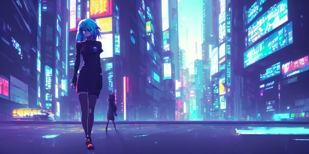 Image similar to digital illustration closeup of cyberpunk pretty girl with blue hair in city street at night by makoto shinkai, ilya kuvshinov, lois van baarle, rossdraws, basquiat