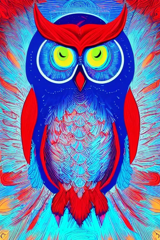 Prompt: glowing owl, blue and red colours, highly detailed, digital art, sharp focus, trending on art station