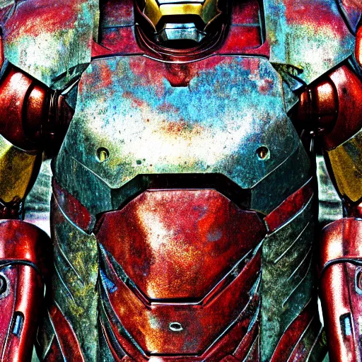 Prompt: photorealistic stained and rusted heavily dented iron man suite, HDR color, metal oxide texture - n 9