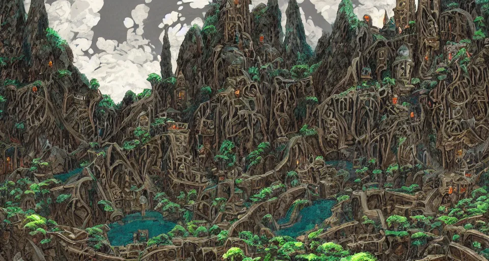 Image similar to Masterfully painted mspaint art piece of middle-earth's 'Mines of Moria' painted by Makoto Shinkai and Studio Ghibli. View from underground within ancient dwarven mining equipment and architecture. Amazing beautiful incredible wow awe-inspiring fantastic masterpiece gorgeous fascinating glorious great.