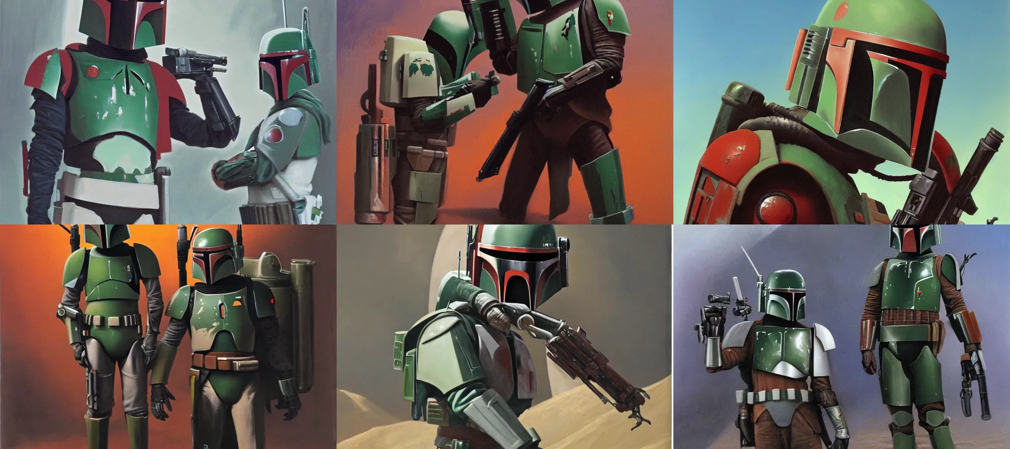 Prompt: Boba Fett, painting by Ralph McQuarrie