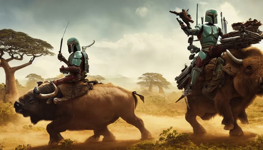 Image similar to boba fett riding a buffalo through madagascar with baobabs trees, animals chasing, action scene, an epic fantasy, artgerm and greg rutkowski and alphonse mucha, an epic fantasy, volumetric light, detailed, establishing shot, cinematic, photorealistic, hyper detailed, ultra realistic, trending on art station, octane render, midsommar