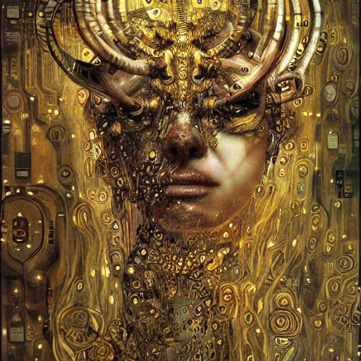 Image similar to horned cybernetic demon trapped in circuitry, intricate detail, klimt, royo, whealan,