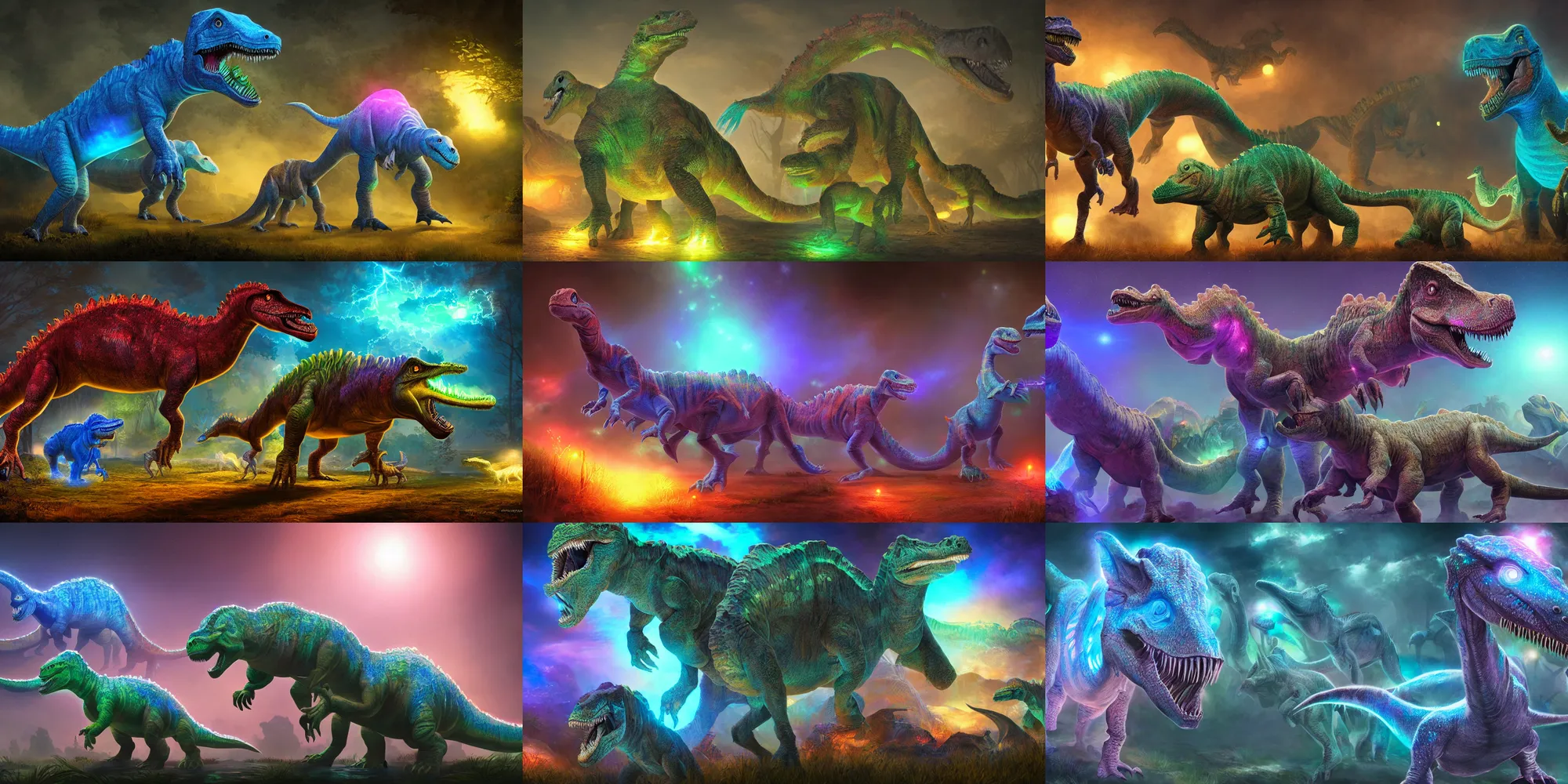 Prompt: glowing holographic dinosaurs, fantasy, digital art, soft lighting, medium close up, highly detailed, 4 k