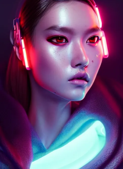 Prompt: photorealistic portrait of oriental female humanoid, freckle cheek, cyber neon lightings, highly detailed, cyberpunk high fashion, elegant, crispy quality, trending in artstation, trending in pinterest, glamor pose, no signature, no watermark, cinematic, octane render, art by artgerm, art by greg rutkowski, art by pascal blanche