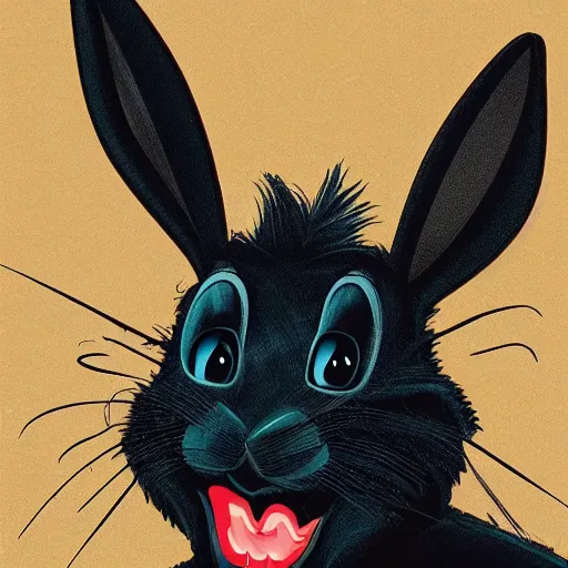 Image similar to A extremely highly detailed majestic hi-res beautiful, highly detailed head and shoulders portrait of a scary terrifying, horrifying, creepy black cartoon rabbit with scary big eyes, earing a shirt laughing, hey buddy, let's be friends, in the retro art style of Walt Disney