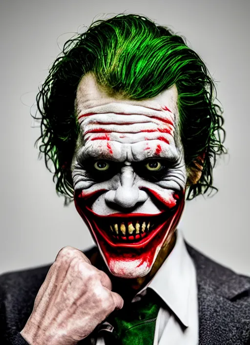Prompt: photo of Willem Dafoe as the Joker by Eolo Perfido, big smile, head shot, detailed, award winning, Sony a7R